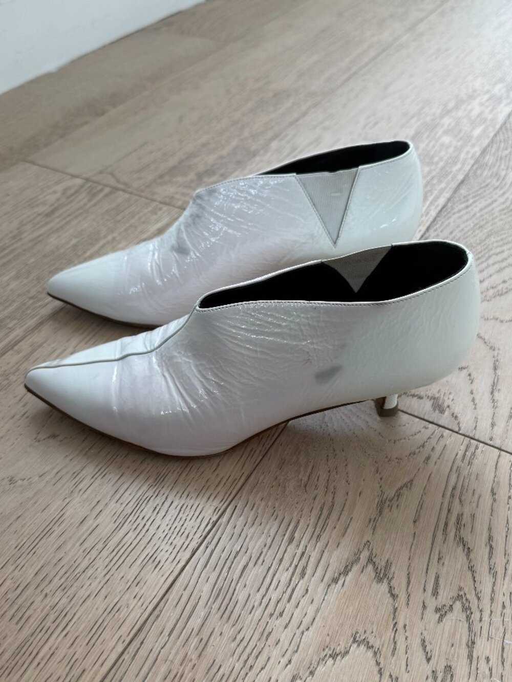 TIBI Joe Classic Crinkled Patent Pointed Toe Bootie In Bright White Size 36.5